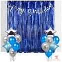 Birthday Decoration Set – Foil Curtain Banner and Balloons Blue and Silver