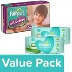 Pampers Active Baby Tape Style Diapers XL 56 pcs with Baby Wet Wipes 72 pcs Pack Of 2
