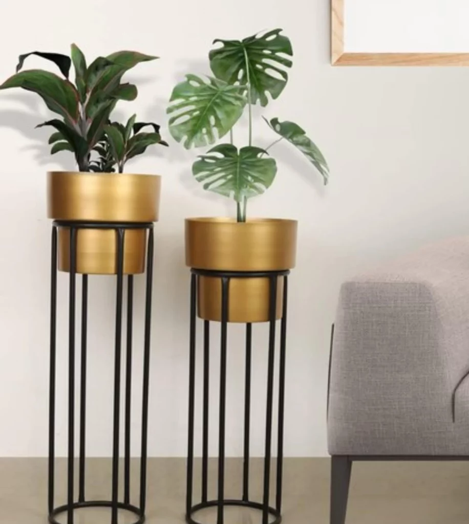 Metallic Gold Metal Planters With Plants Stand  Set Of 2