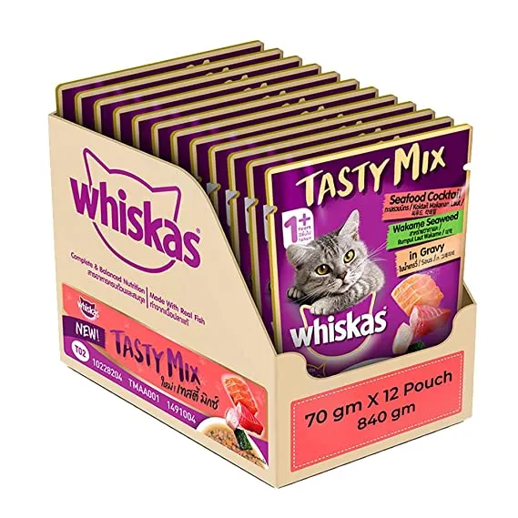 Whiskas Tasty Mix With Seafood Cocktail  and  Wakame Seaweed In Gravy 70 G   Pack Of 12   – Ecom Pack Adult Cat 840g