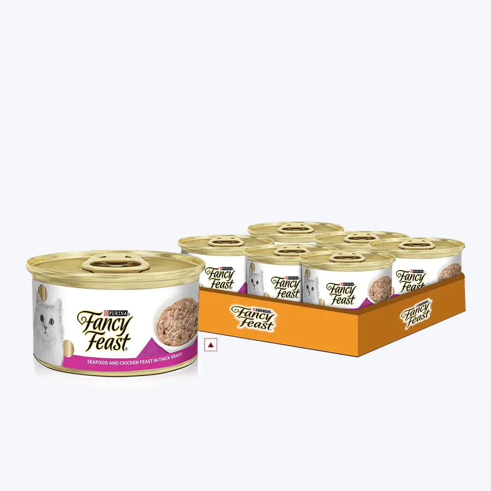 Fancy Feast Seafood  and  Chicken Feast In Thick Gravy Tin Pack Of 5  with  1 Free Tin – 510 G Adult Cat Pack of 5  with  1free tin 510g