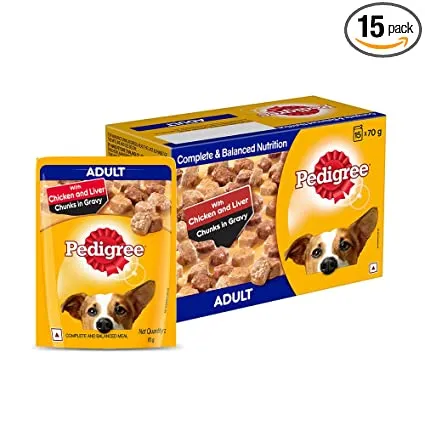 Pedigree Adult Chicken  and  Liver Chunk In Gravy Pouch 70 G  Pack Of 15  – Ecom Pack Adult Dog 1050g