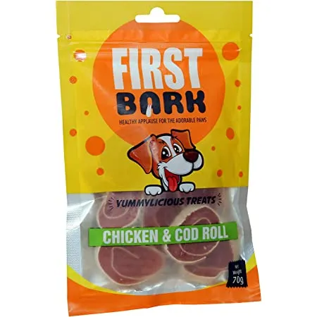 First Bark Yummylicious Treats Chicken  and  Cod Roll Adult Dog 70g