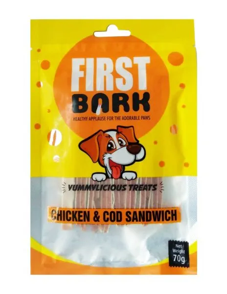 First Bark Yummylicious Treats Chicken  and  Cod Sandwich Adult Dog 70g