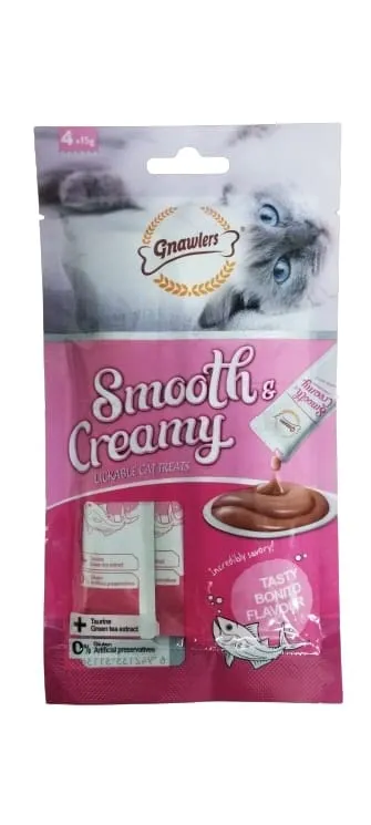 Gnawlers Smooth  and  Creamy Lickble Cat Treats – Bonito Flavour  4 X 15g  Adult Dog 60g