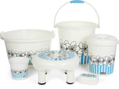 Ratan Plastic Blossom Bathroom Set – Blue – Set of 6