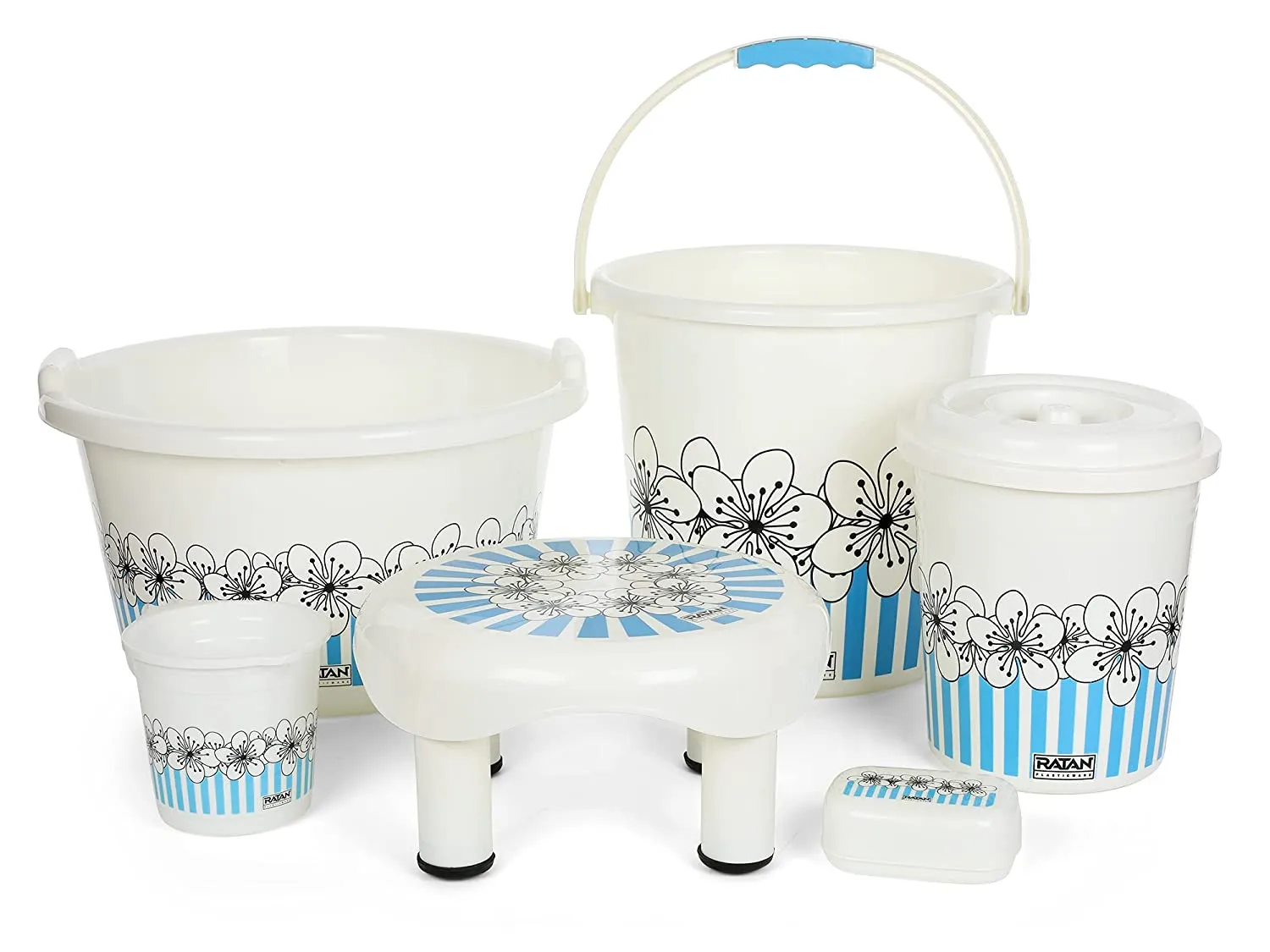 Ratan Plastic Blossom Bathroom Set – Grey – Set of 6