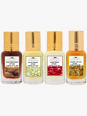 Menjewell Combo Pack of 4PCs AttarKasturi MuskRoyal MograRose FreshChampa Yellow  20Ml Attar
