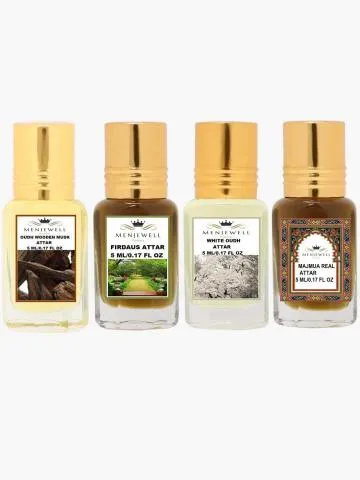 Menjewell Combo Pack of 4PCs AttarOudh Wooden MuskFirdaus White Oudh Majmua Real  20ML Attar