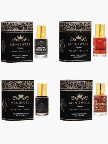 Menjewell Combo Pack of 4PCs ChocolateSandalwood Chandanal BakhoorJannat ul Firdaus Attar 20ml