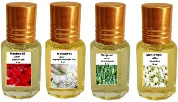 Menjewell Fragrances Rose Fresh Rajanigandha Royal Kewda Jasmine 5ml Pack of 4Pc Floral Attar