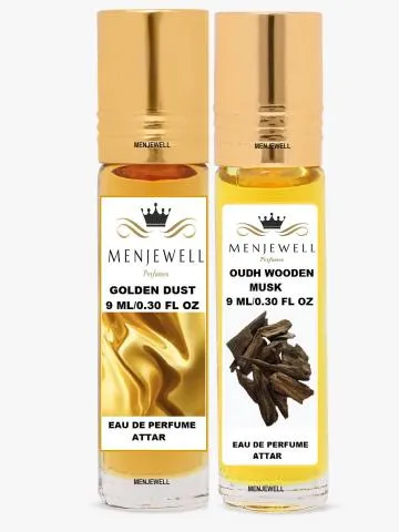 Menjewell Pack Of 2PC Attar Golden Dust Oudh wooden Musk 9ML Floral Attar Gold Musk Woody