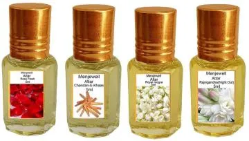 Menjewell Pack of 4Pc Attar Rose Fresh Chandan-E-KhaasRoyal Mogra Rajnigandha 5ml Floral Attar