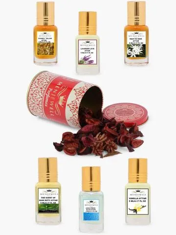 Menjewell Pack of 6Pc ChampaLavenderRaat ki RaniThe Scent Of Rain MittiAquaVanilla 30ML Attar