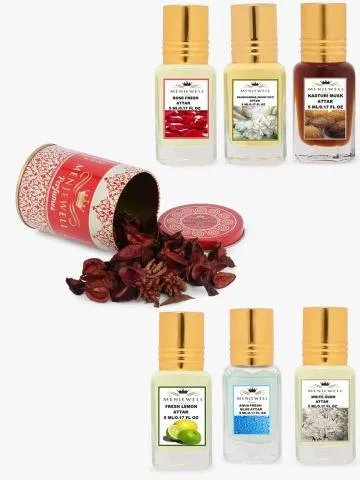 Menjewell Pack of 6Pc RoseRajnigandhaKasturi MuskLemonAqua Fresh BlueWhite Oudh 30ML Attar