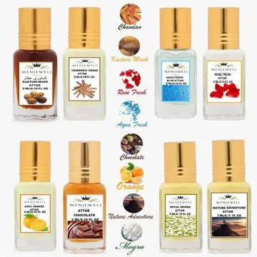 Menjewell Pack of 8Pcs KasturiChandan-E-KhaasAquaRoseOrange ChocolateMograAdventure 3ml