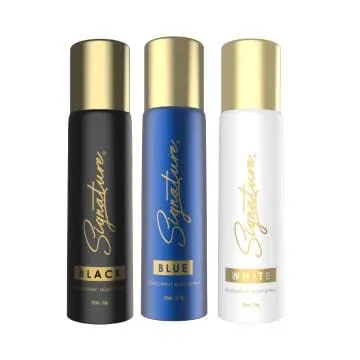 Signature perfume body spray combo- BLACK BLUE and WHITE – Pack of 3 X 210 ml each- Deodorant for Men and Women-Long Lasting fragrance