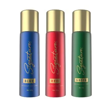 Signature perfume body spray combo- RED BLUE and GREEN – Pack of 3 X 70ml each- Deo for Men and Women