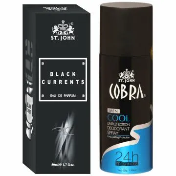 ST-JOHN Cobra Deodrant Cool 150 ml and Cobra Black Current 50ml Perfume Combo Gift Pack Perfume Body Spray – For Men and Women 200 ml Pack of 2