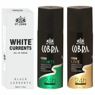 ST-JOHN Cobra Deodrant Live and Sports 150 ml each and White Current 50ml Perfume Combo Pack Perfume Body Spray – For Men and Women 350 ml Pack of 3