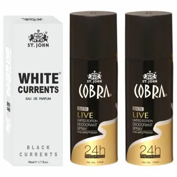 ST-JOHN Cobra Deodrant Live 150 ml Pack of 2and Cobra Black Current 50ml Perfume Combo Gift Pack Perfume Body Spray – For Men and Women 350 ml Pack of 3
