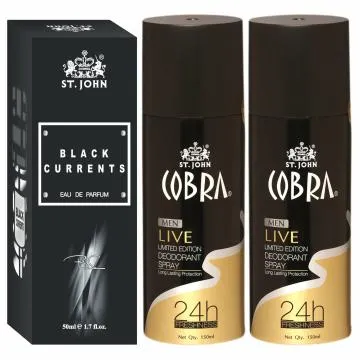 ST-JOHN Cobra Deodrant Live150ml Pack of 2 and Black Current 50ml Perfume Combo Gift Pack Perfume Body Spray – For Men and Women 200 ml Pack of 3