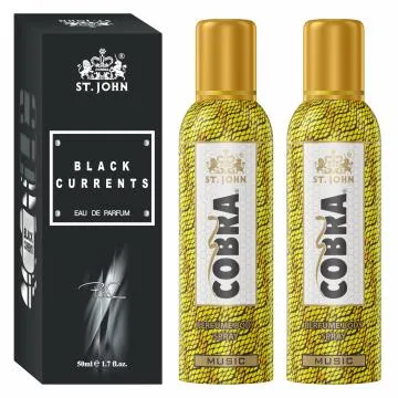 ST-JOHN Cobra Deodrant No Gas Music Pack of 2 100ml each and Black Current 50ml Combo Perfume Body Spray – For Men and Women 250 ml Pack of 3