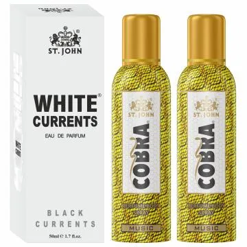 ST-JOHN Cobra Deodrant No Gas Music Pack of 2 100ml each and White Current 50ml Combo Perfume Body Spray – For Men and Women 250 ml Pack of 3