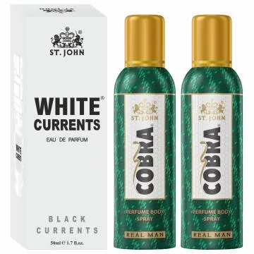 ST-JOHN Cobra Deodrant No Gas Real Man Pack of 2 100ml each and White Current 50ml Combo Perfume Body Spray – For Men and Women 250 ml Pack of 2