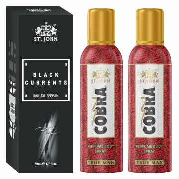 ST-JOHN Cobra Deodrant No Gas True Man Pack of 2 100ml each and Black Current 50ml Combo Perfume Body Spray – For Men and Women 250 ml Pack of 2
