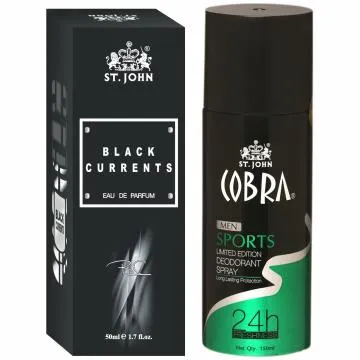 ST-JOHN Cobra Deodrant Sports 150 ml and Cobra Black Current 50ml Perfume Combo Gift Pack Perfume Body Spray – For Men and Women 200 ml Pack of 2