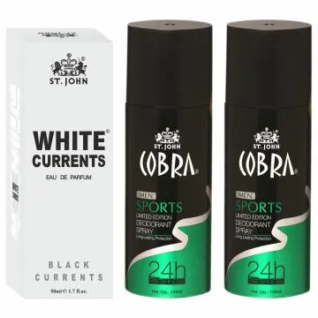 ST-JOHN Cobra Deodrant Sports 150 ml Pack of 2and Cobra Black Current 50ml Perfume Combo Gift Pack Perfume Body Spray – For Men and Women 350 ml Pack of 3