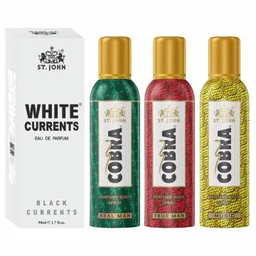 ST-JOHN Cobra No Gas Deo True Man Real Man Music 100ml each and White Current 50ml Combo Perfume Body Spray For Men and Women 350 ml Pack of 4