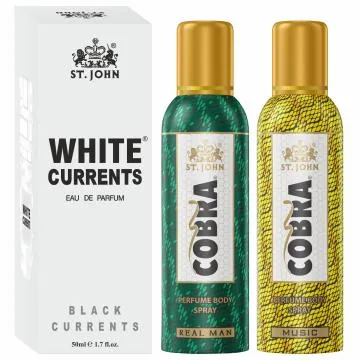 ST-JOHN Cobra No Gas Deodorant Music Real Man 100ml each and White Current 50ml Combo Perfume Body Spray For Men and Women 250 ml Pack of 3