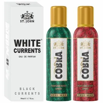 ST-JOHN Cobra No Gas Deodorant True Man Real Man 100ml each and White Current 50ml Combo Perfume Body Spray – For Men and Women