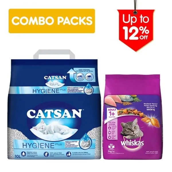 Whiskas Mackerel 3 Kg  with  Catsan Hygiene 10 L – Combo Adult Cat 3kg  with  10l