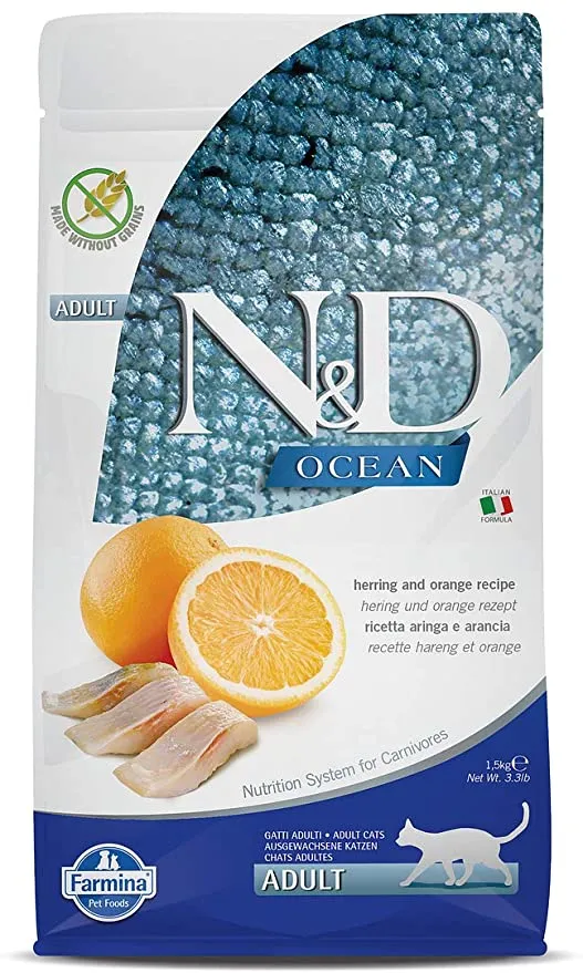 Farmina N and D Ocean Herring And Orange Recipe Grain Free Adult Cat Dry Food Adult Cat 300g