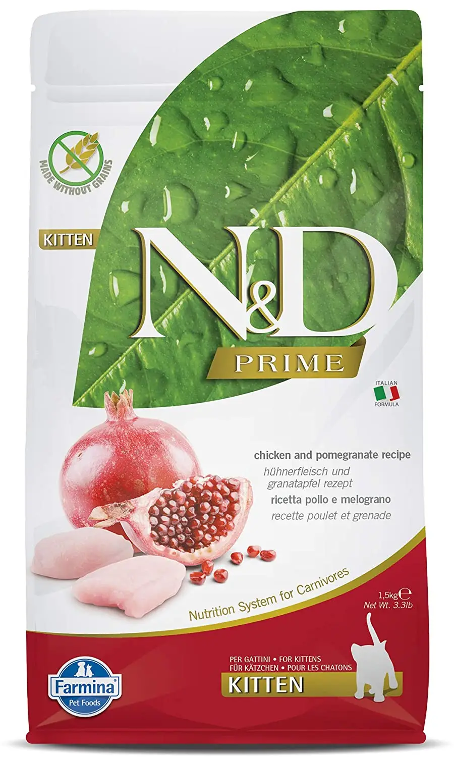 Farmina N and D Prime Chicken And Pomegranate Grain Free Kitten Dry Food Adult Cat 1.5kg