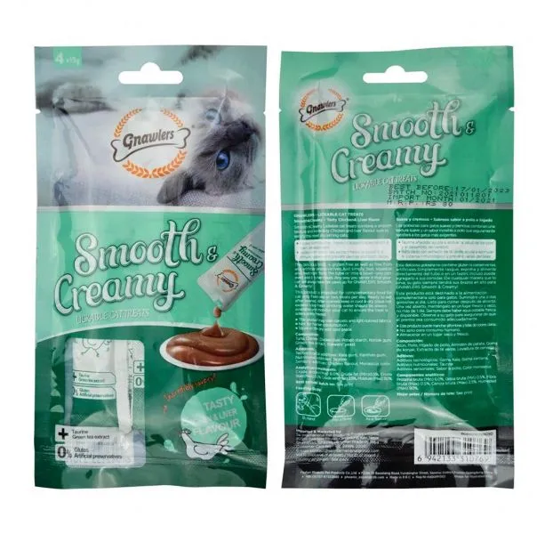 Gnawlers Smooth  and  Creamy Lickable Cat Treat – Chicken  and  Liver Flavour    4X 15 g     Pack Of 5   All Ages 300g