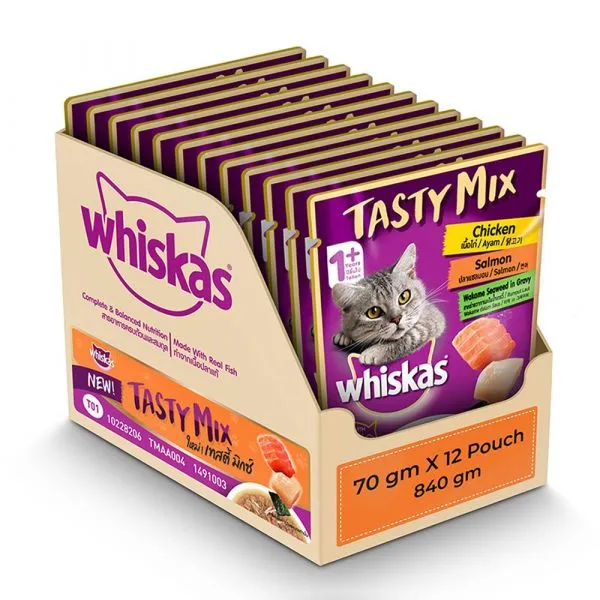 Whiskas Tasty Mix Chicken With Salmon Wakame Seaweed In Gravy 70 G   Pack Of 12   – Ecom Pack Adult Cat 840g