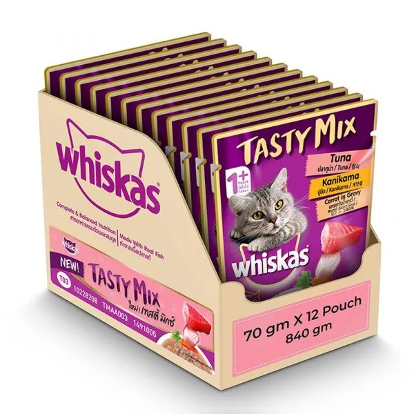 Whiskas Tasty Mix Tuna With Kanikama Carrot In Gravy 70 G   Pack Of 12   – Ecom Pack Adult Cat 840g