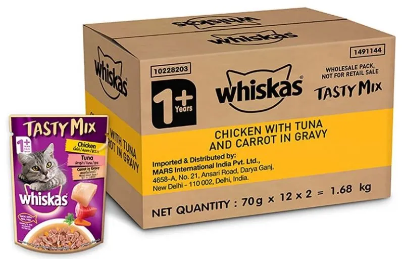 Whiskas Tasty Mix With Chicken Tuna Carrot in Gravy   Pouch   Pack Of 24 Adult Cat Pack of 24